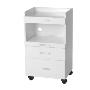 AUX: Carrito de madera blanco equipado con tres cajones y espacio central